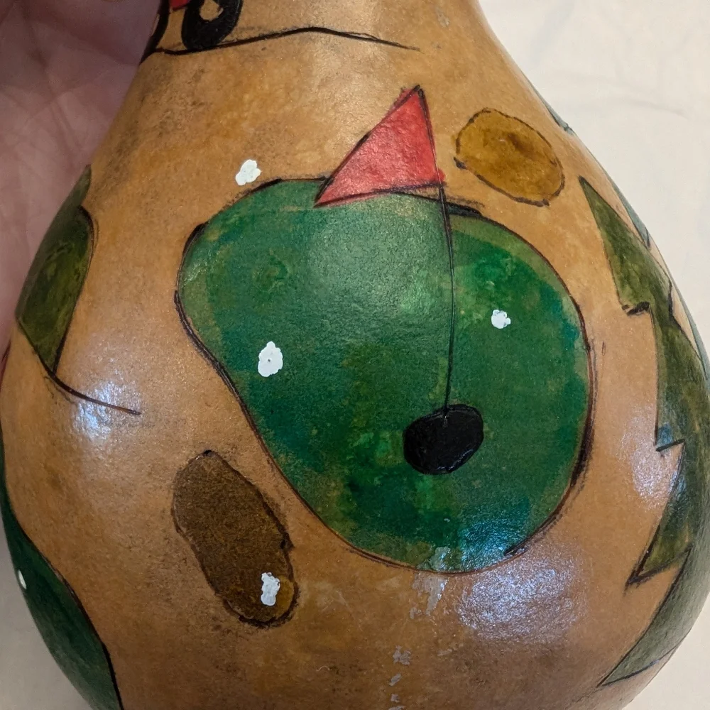Vtg Hand Painted Gourd Ornament Retro Golf Theme Golfing Cart Etched Golf Course